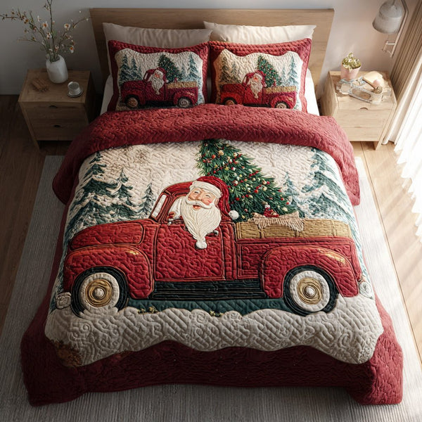Santa Red Truck quilted 3-piece bedding set on a made bed in a winter-styled bedroom
