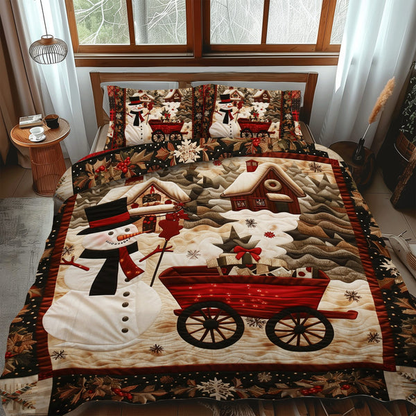 Santa's Festive Village quilted 3-piece bedding set on a made bed in a winter-styled bedroom