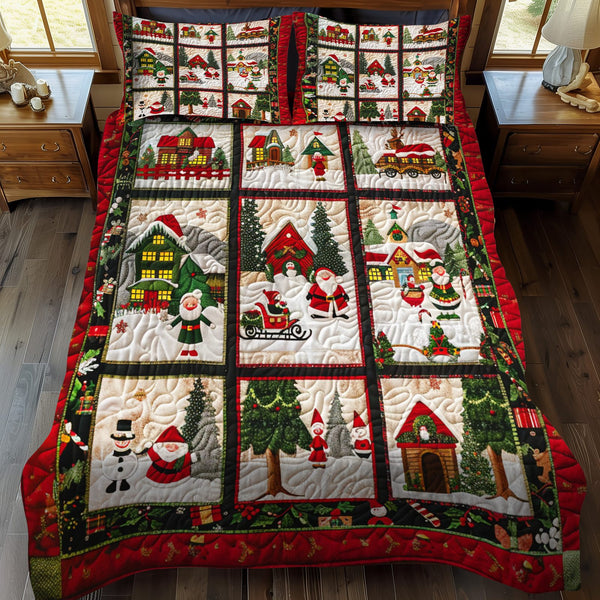 Santa's Jolly Journey quilted 3-piece bedding set on a made bed in a winter-styled bedroom