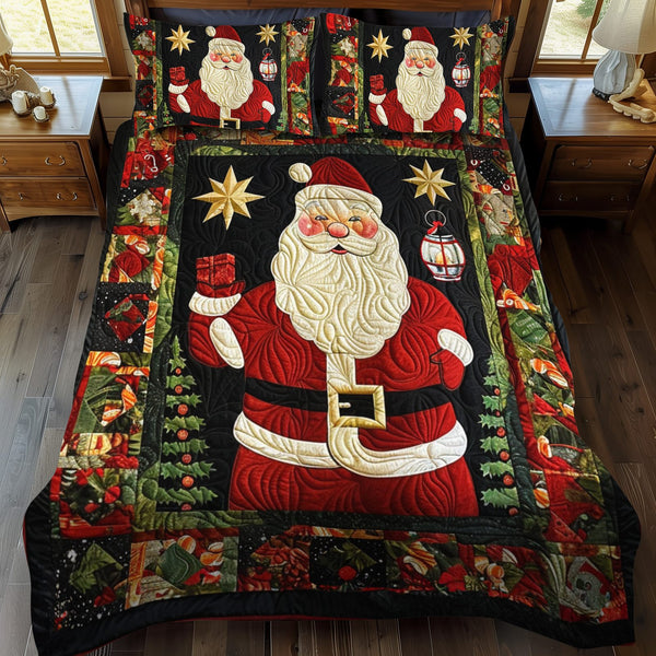 Santa's Joy quilted 3-piece bedding set on a made bed in a winter-styled bedroom