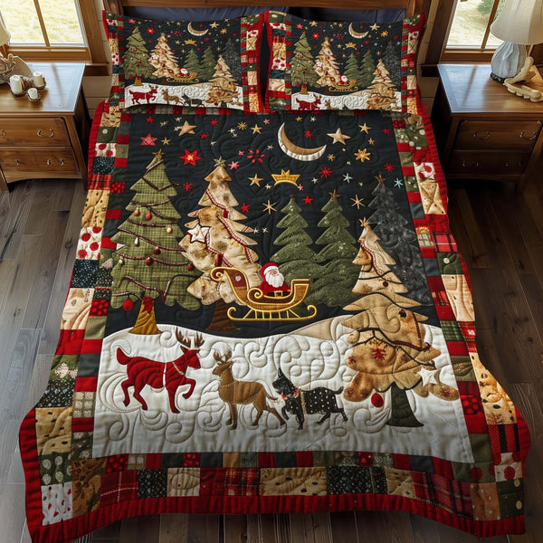 Santa's Night Sleigh Ride quilted 3-piece bedding set on a made bed in a winter-styled bedroom