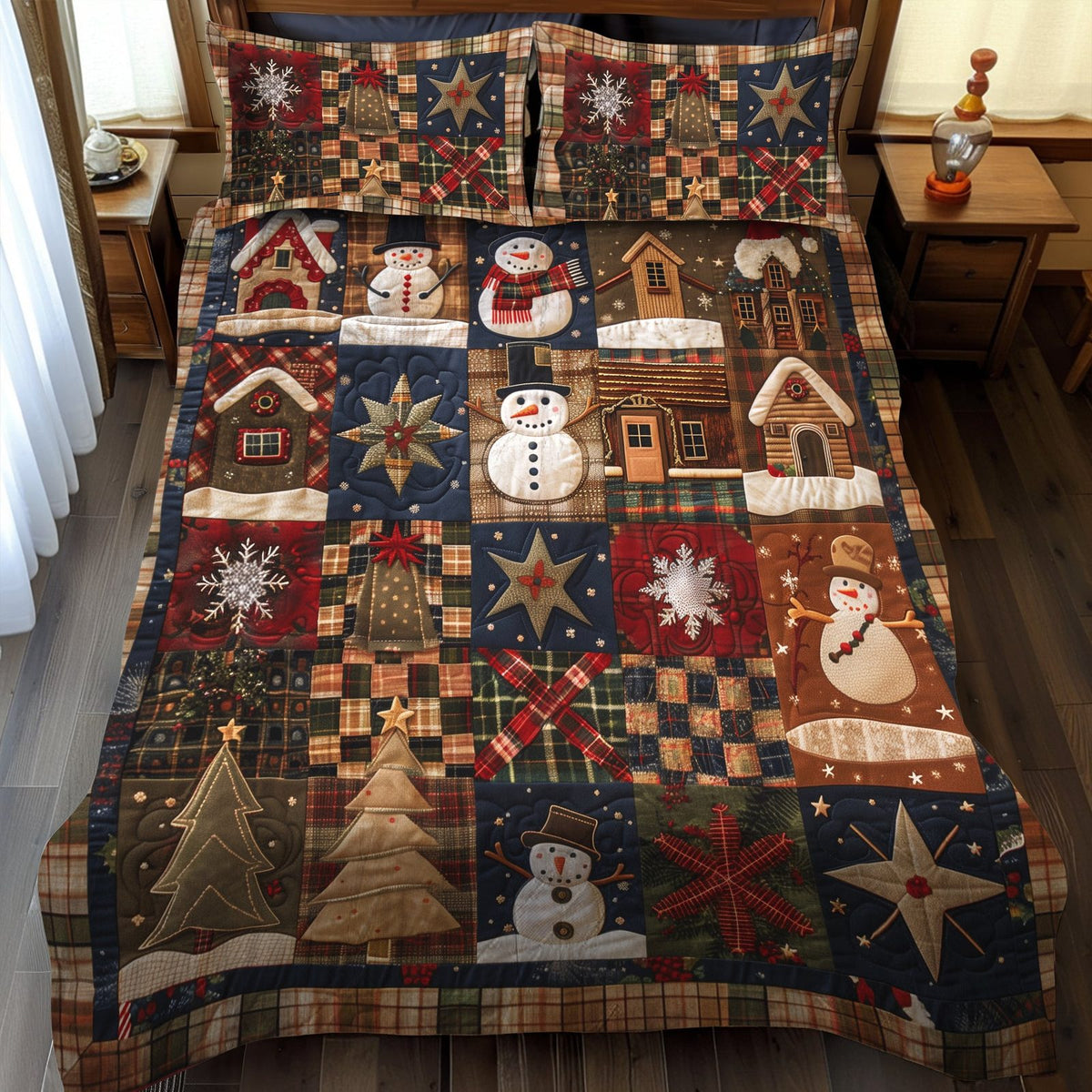 Santa's Village quilted 3-piece bedding set on a made bed in a winter-styled bedroom