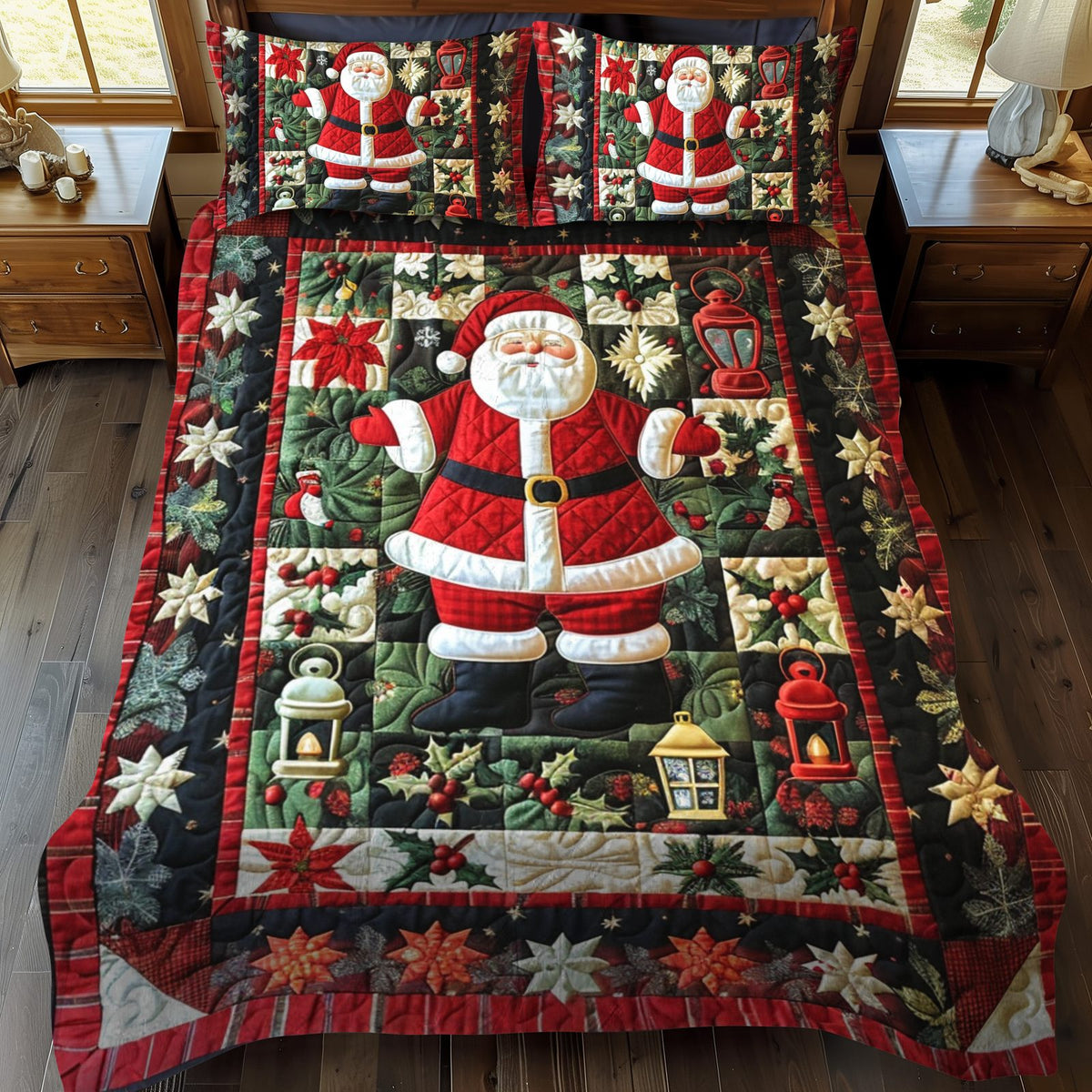 Santa's Workshop quilted 3-piece bedding set on a made bed in a winter-styled bedroom