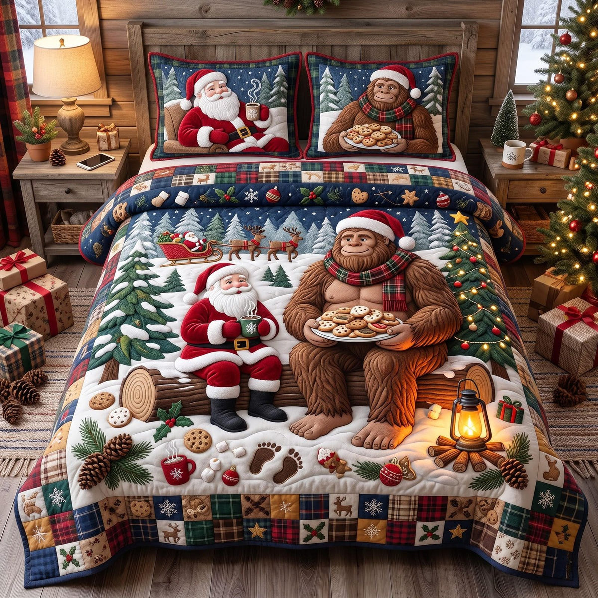 Santa Sasquatch quilted 3-piece bedding set on a made bed in a winter-styled bedroom