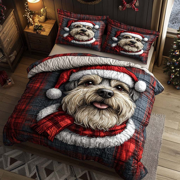 Santa Schnauzer Cheer quilted 3-piece bedding set on a made bed in a winter-styled bedroom