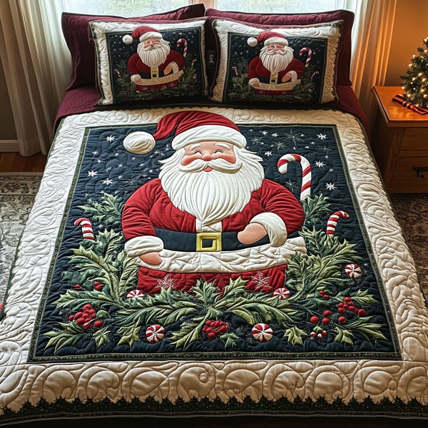 Santa Sleigh Adventure quilted 3-piece bedding set on a made bed in a winter-styled bedroom