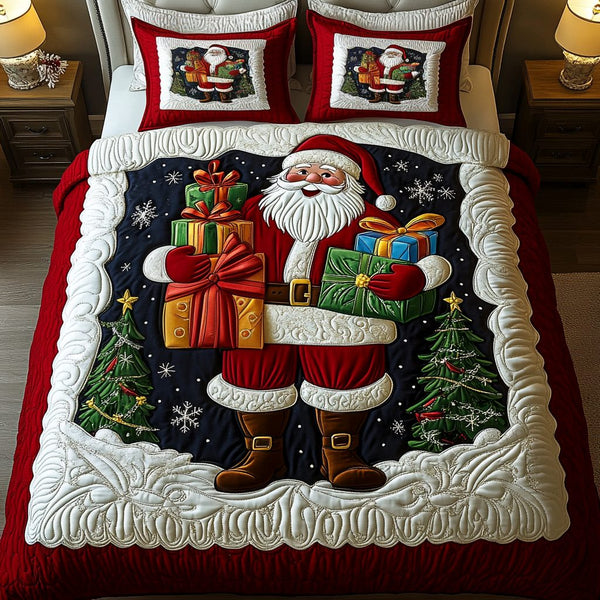 Santa Sleigh quilted 3-piece bedding set on a made bed in a winter-styled bedroom
