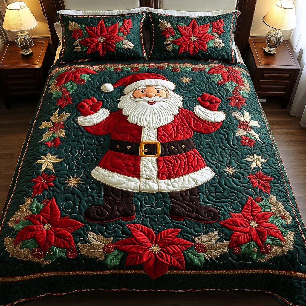 Santa Sleigh Ride quilted 3-piece bedding set on a made bed in a winter-styled bedroom