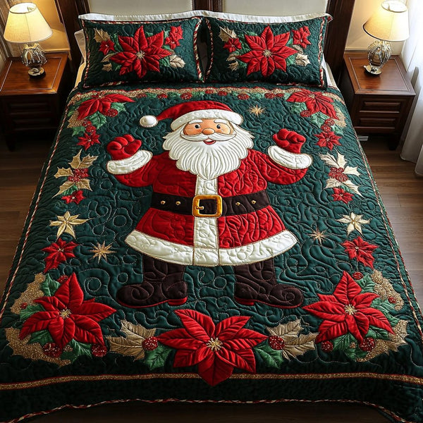 Santa Sleigh Ride quilted 3-piece bedding set on a made bed in a winter-styled bedroom