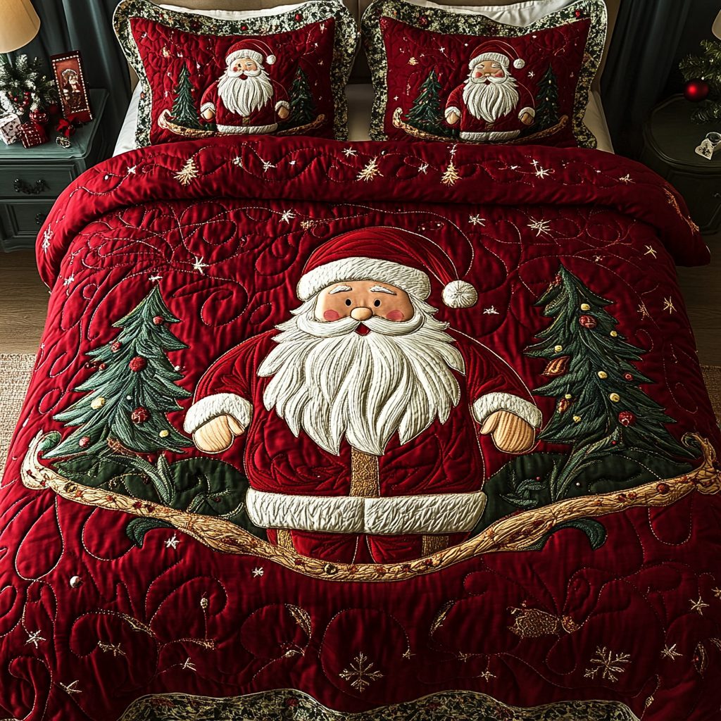 Santa Sleigh Ride quilted 3-piece bedding set on a made bed in a winter-styled bedroom