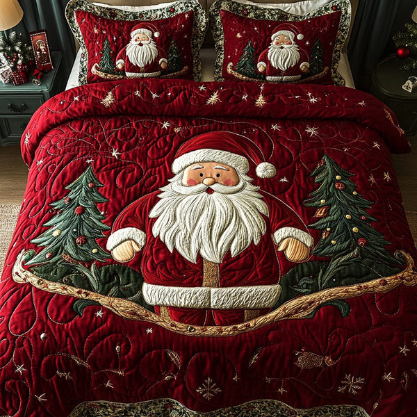 Santa Sleigh Ride quilted 3-piece bedding set on a made bed in a winter-styled bedroom