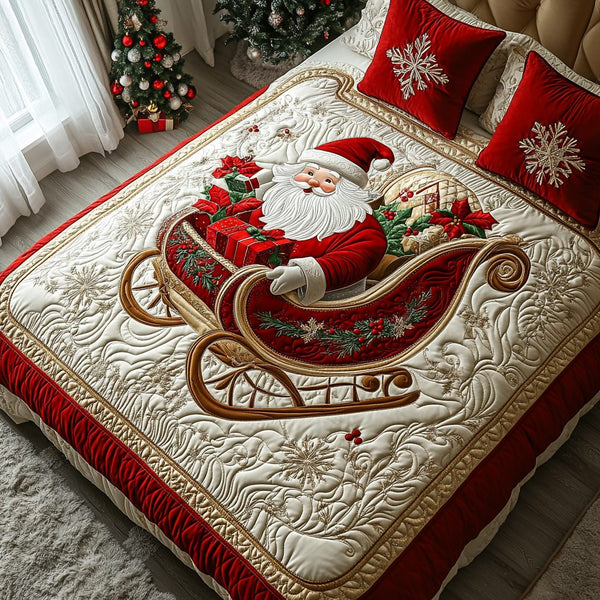 Santa Sleigh Ride quilted 3-piece bedding set on a made bed in a winter-styled bedroom