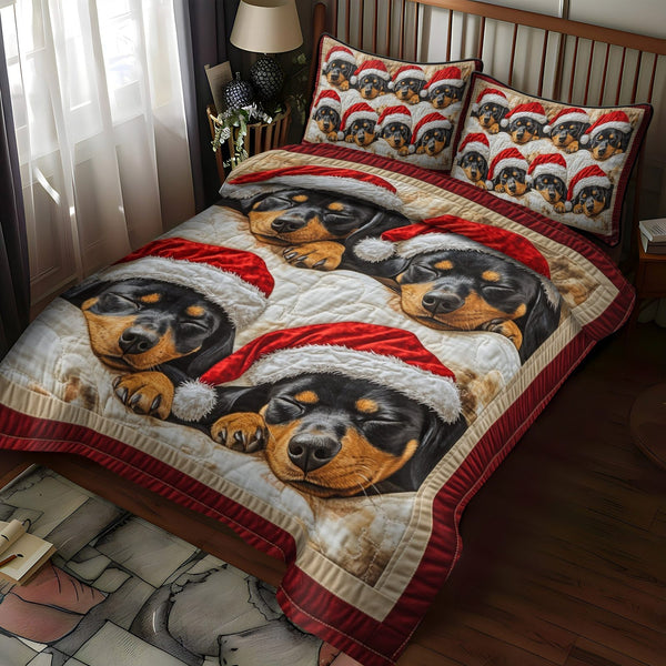 Santa Snooze quilted 3-piece bedding set on a made bed in a winter-styled bedroom