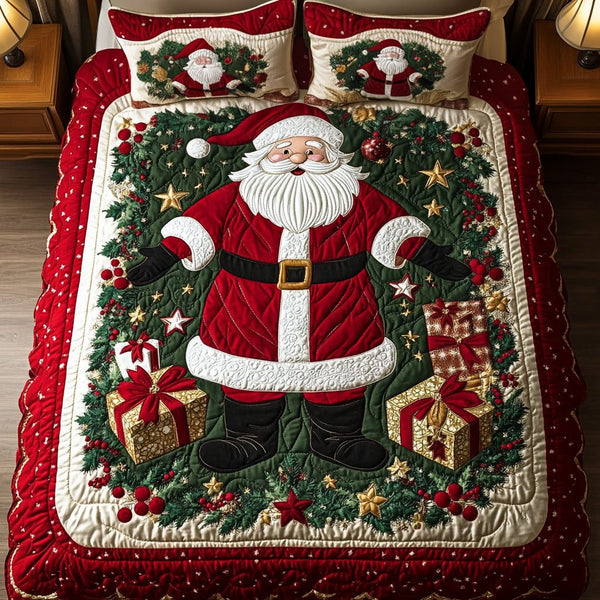 Santa Snooze quilted 3-piece bedding set on a made bed in a winter-styled bedroom