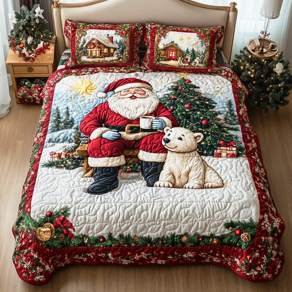 Santa Snow Path quilted 3-piece bedding set on a made bed in a winter-styled bedroom