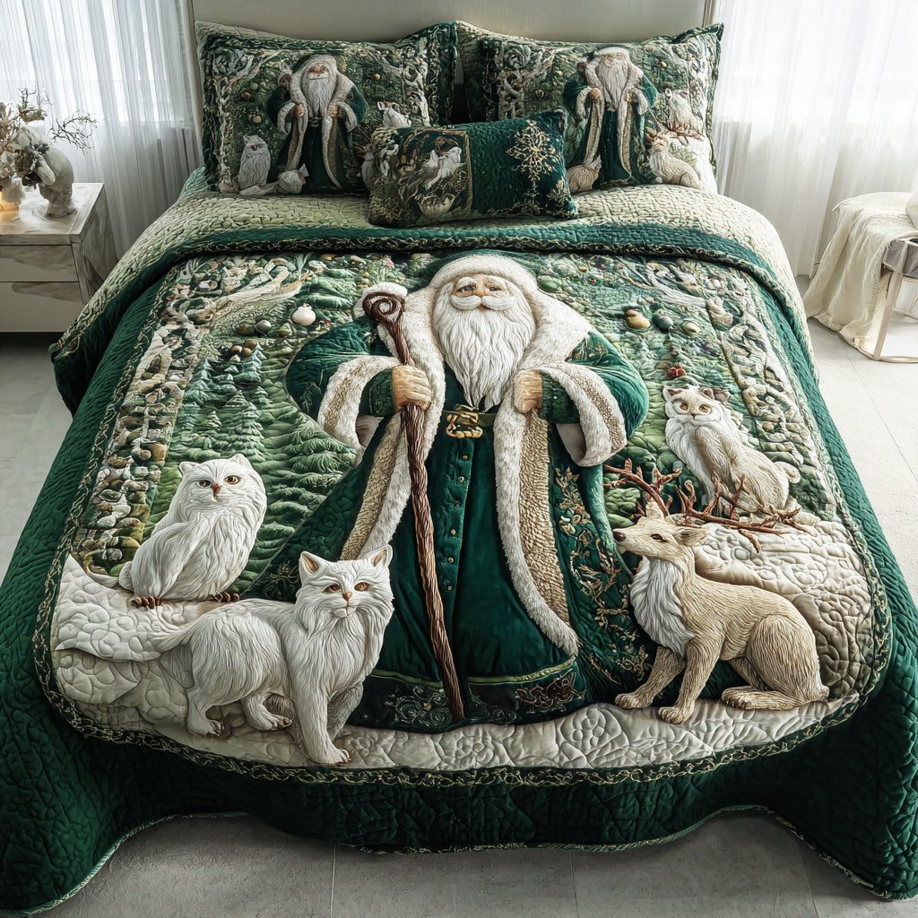Santa Snow Path quilted 3-piece bedding set on a made bed in a winter-styled bedroom