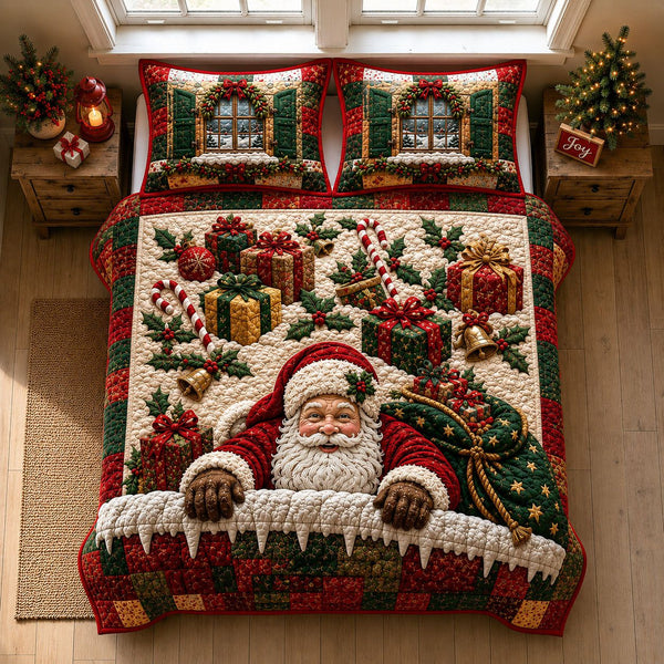 Santa Snow Window Wonder quilted 3-piece bedding set on a made bed in a winter-styled bedroom