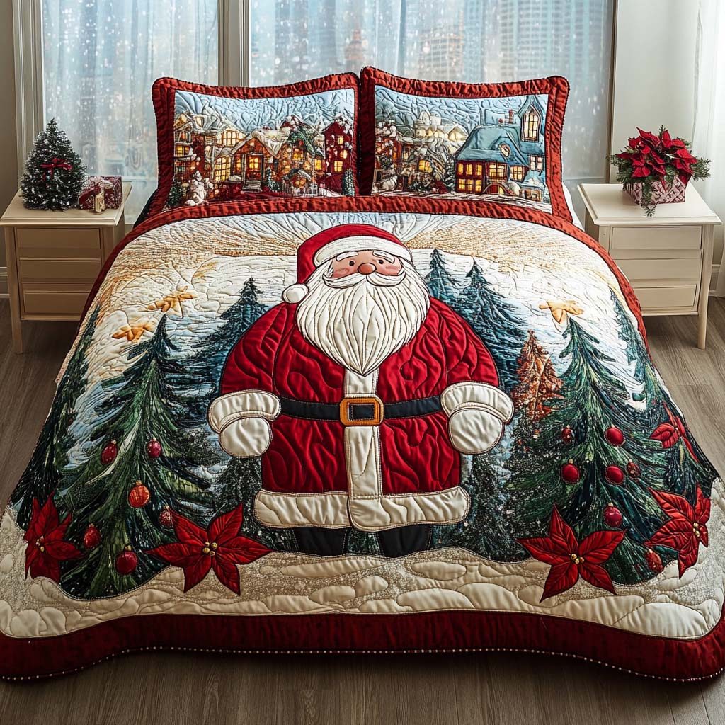 Santa Snowy Village quilted 3-piece bedding set on a made bed in a winter-styled bedroom