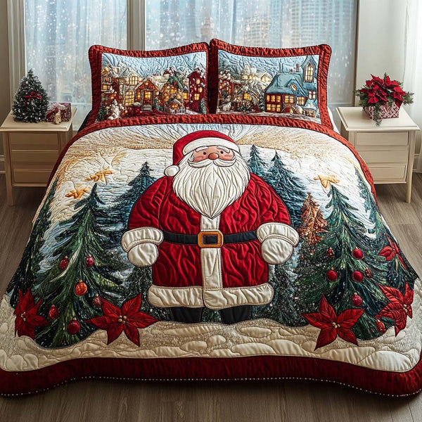 Santa Snowy Village quilted 3-piece bedding set on a made bed in a winter-styled bedroom