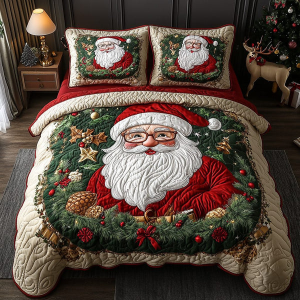 Santa Spirit quilted 3-piece bedding set on a made bed in a winter-styled bedroom