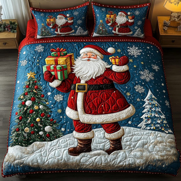 Santa Spirit quilted 3-piece bedding set on a made bed in a winter-styled bedroom