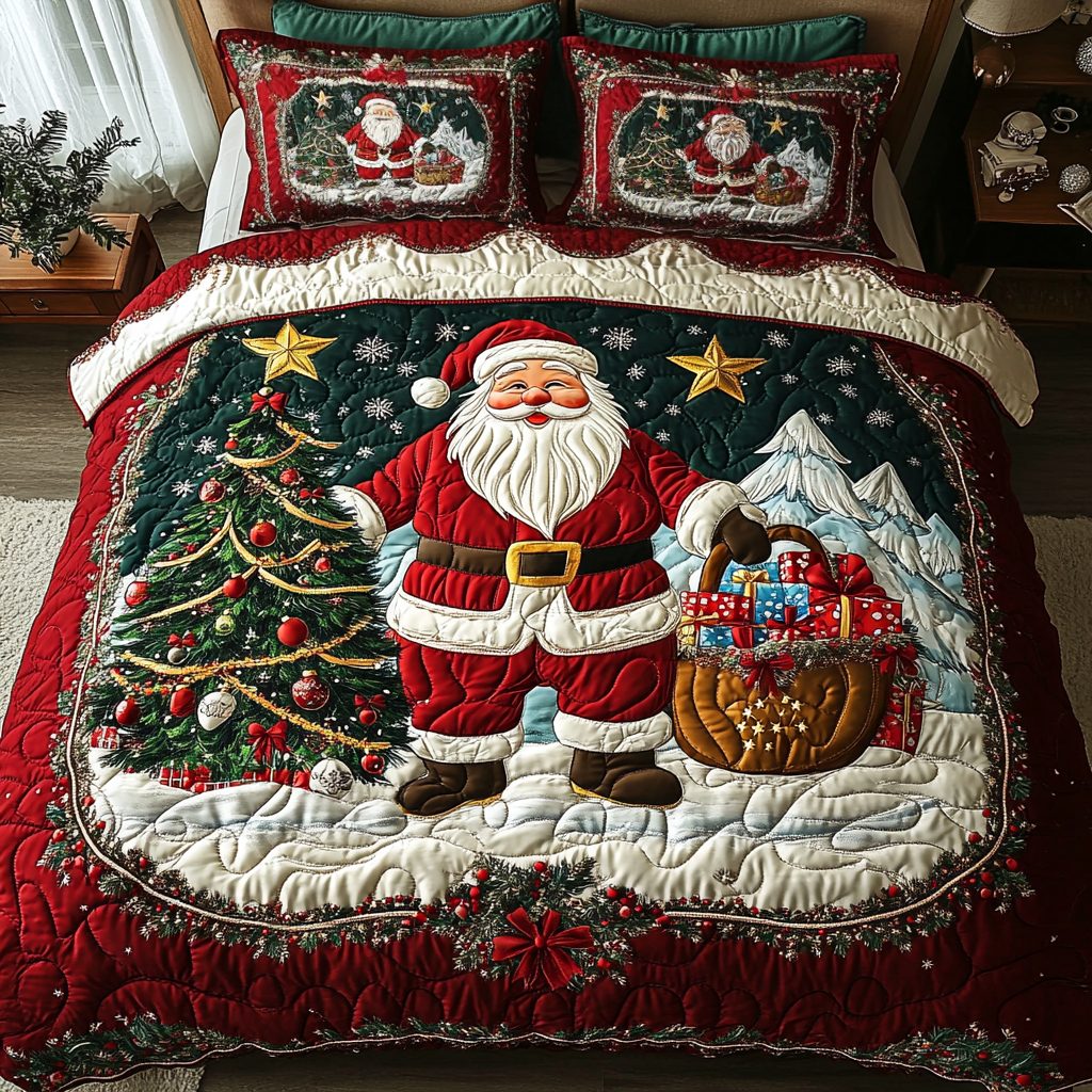 Santa Spirit quilted 3-piece bedding set on a made bed in a winter-styled bedroom