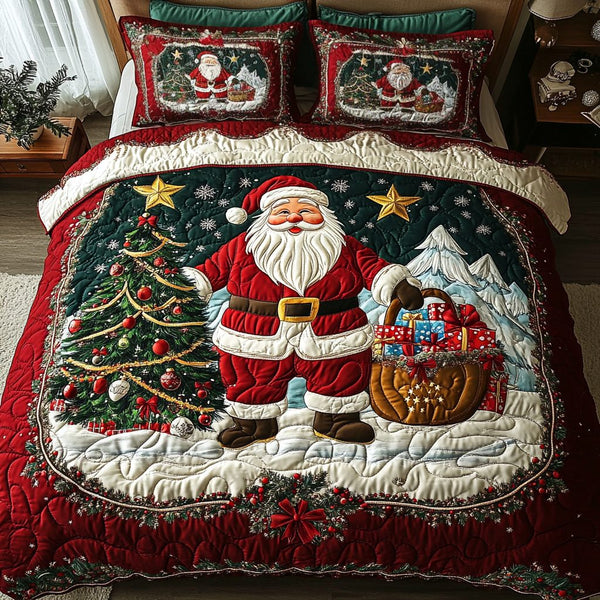 Santa Spirit quilted 3-piece bedding set on a made bed in a winter-styled bedroom