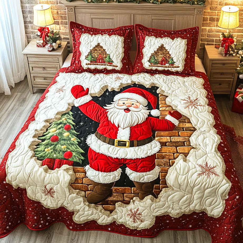Santa Spirit quilted 3-piece bedding set on a made bed in a winter-styled bedroom