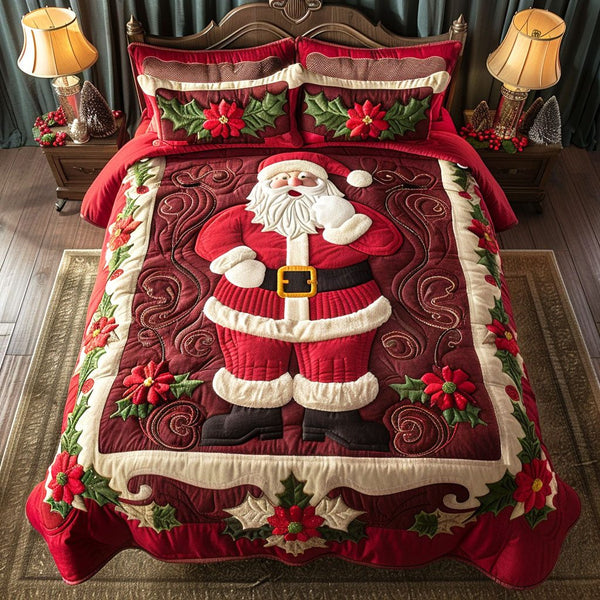 Santa Spirit quilted 3-piece bedding set on a made bed in a winter-styled bedroom