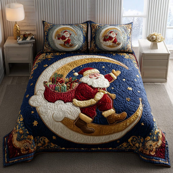 Santa Starry Moon quilted 3-piece bedding set on a made bed in a winter-styled bedroom