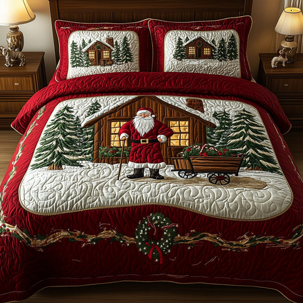 Santa Sweet Home quilted 3-piece bedding set on a made bed in a winter-styled bedroom