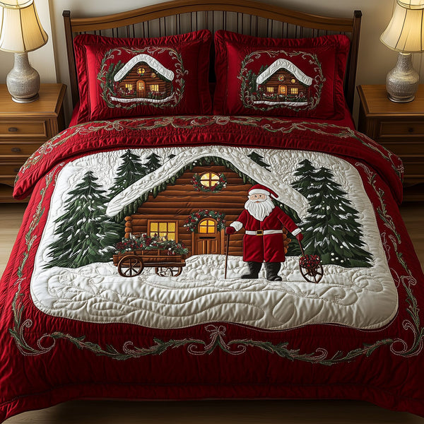 Santa Sweet Home quilted 3-piece bedding set on a made bed in a winter-styled bedroom