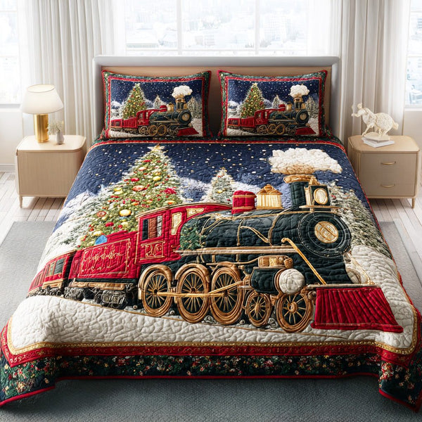 Santa Train Trail quilted 3-piece bedding set on a made bed in a winter-styled bedroom
