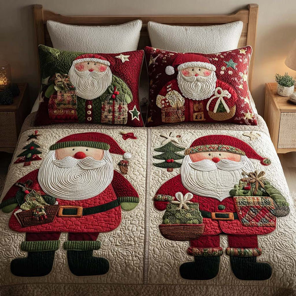 Santa Twins quilted 3-piece bedding set on a made bed in a winter-styled bedroom