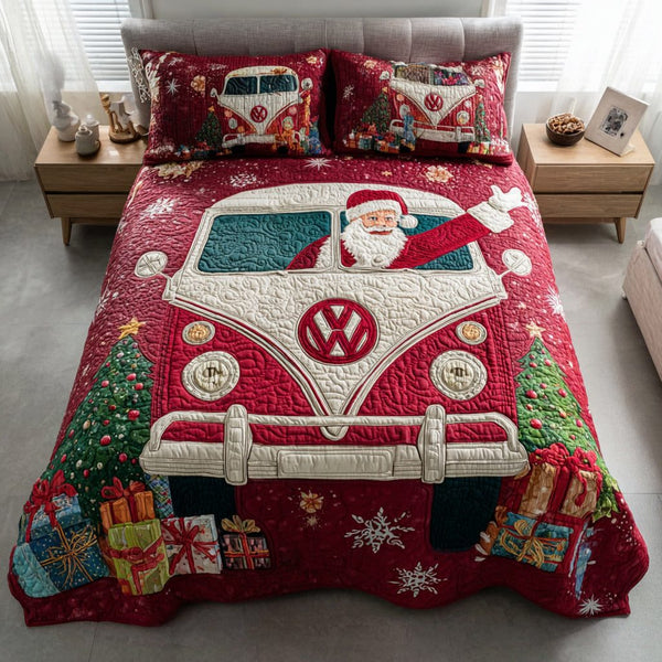Santa Van Christmas quilted 3-piece bedding set on a made bed in a winter-styled bedroom