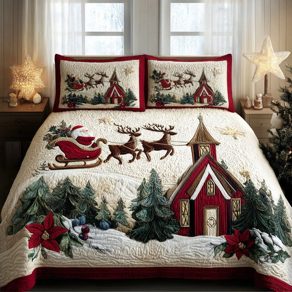 Santa Voyage quilted 3-piece bedding set on a made bed in a winter-styled bedroom