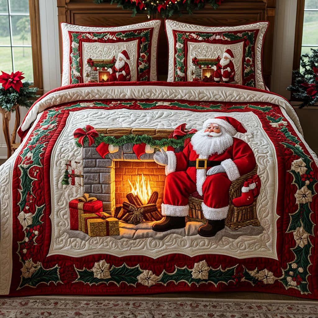 Santa Warmth quilted 3-piece bedding set on a made bed in a winter-styled bedroom