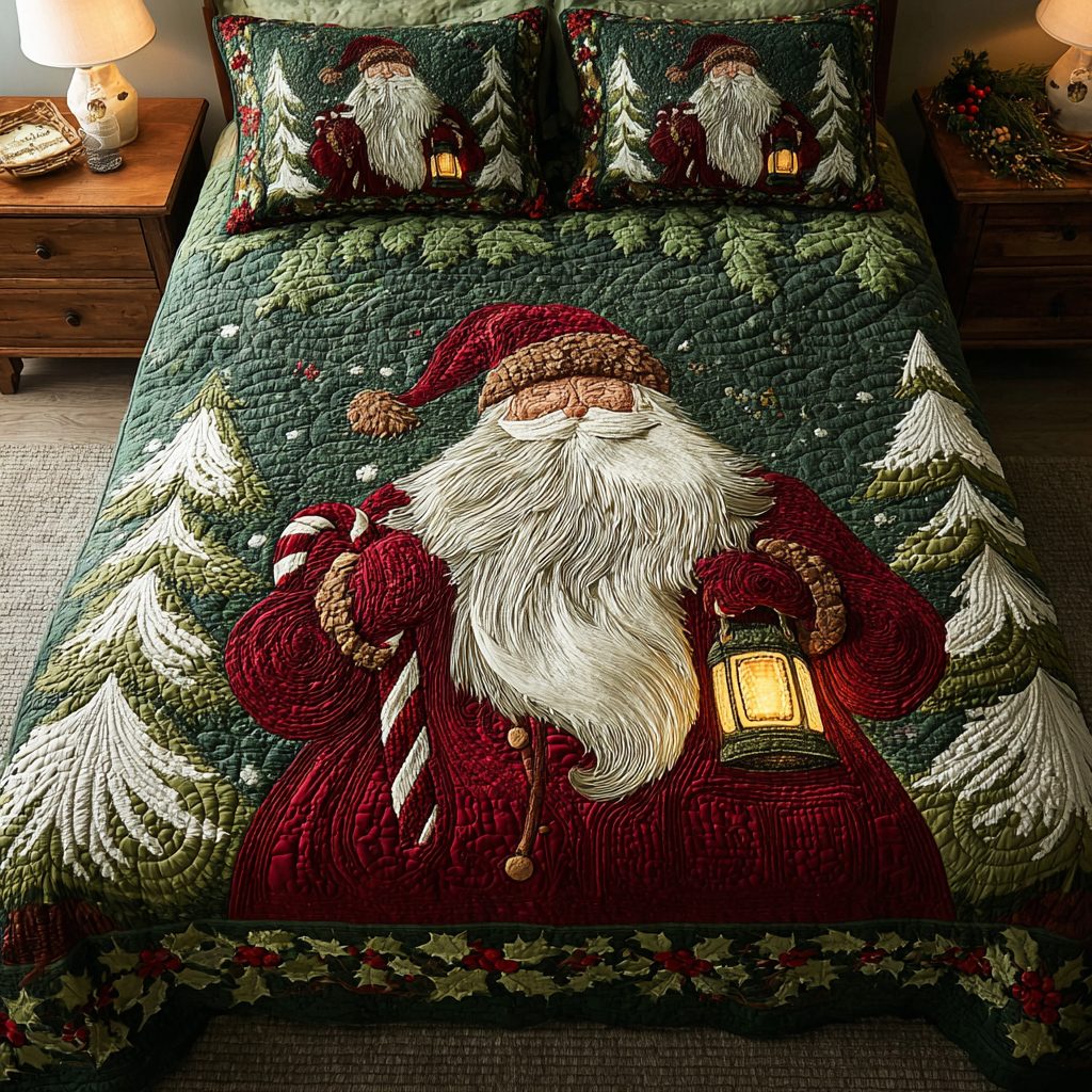 Santa Whisper quilted 3-piece bedding set on a made bed in a winter-styled bedroom