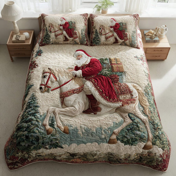 Santa White Horse quilted 3-piece bedding set on a made bed in a winter-styled bedroom