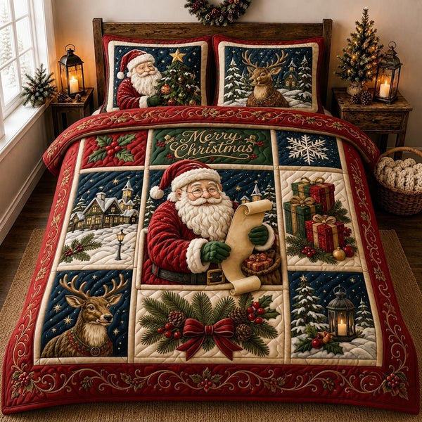 Santa Winter Magic quilted 3-piece bedding set on a made bed in a winter-styled bedroom