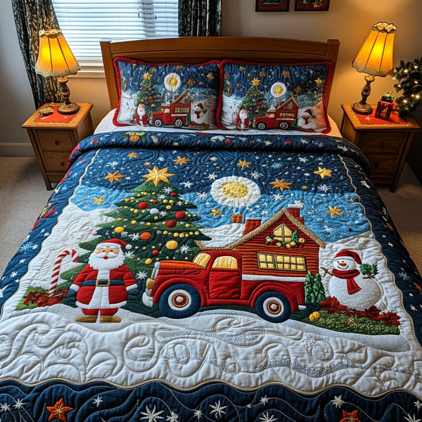 Santa Winter Wonderland quilted 3-piece bedding set on a made bed in a winter-styled bedroom