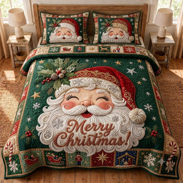 Santa Wishes quilted 3-piece bedding set on a made bed in a winter-styled bedroom