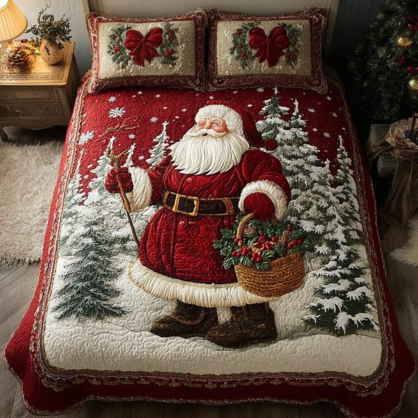 Santa Wonder quilted 3-piece bedding set on a made bed in a winter-styled bedroom