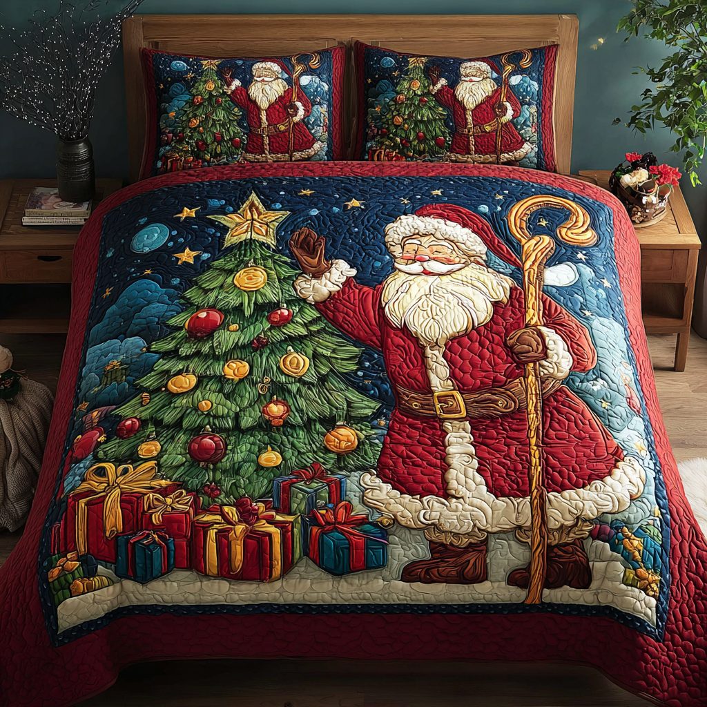 Santa Wonder quilted 3-piece bedding set on a made bed in a winter-styled bedroom