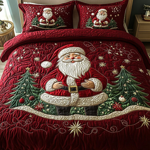 Santa Wonder quilted 3-piece bedding set on a made bed in a winter-styled bedroom
