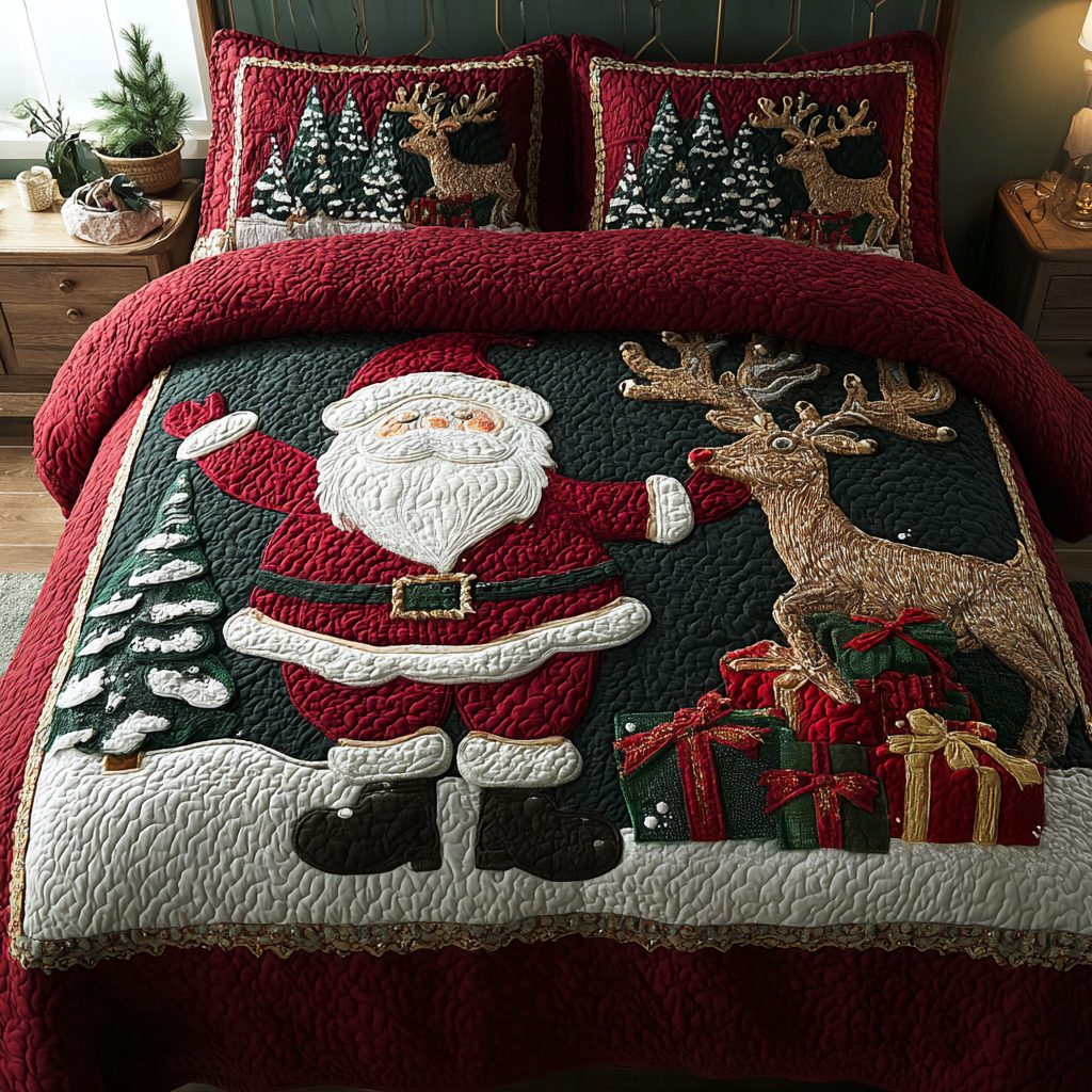 Santa Wonder quilted 3-piece bedding set on a made bed in a winter-styled bedroom