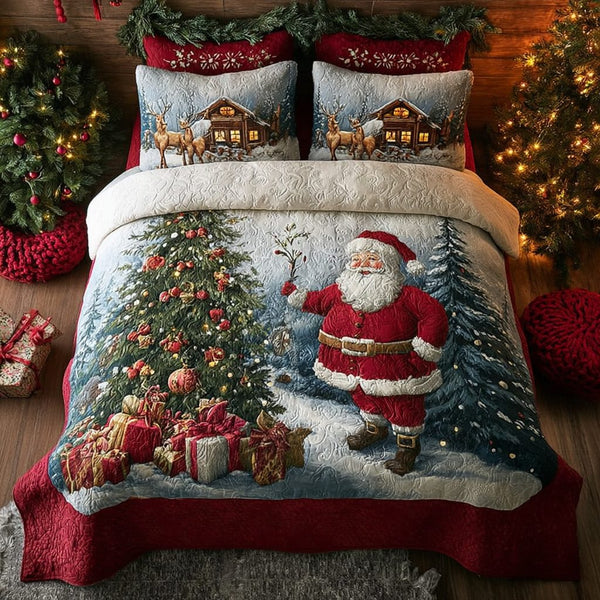 Santa Wonder quilted 3-piece bedding set on a made bed in a winter-styled bedroom