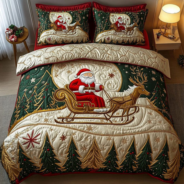 Santa Wonderland quilted 3-piece bedding set on a made bed in a winter-styled bedroom