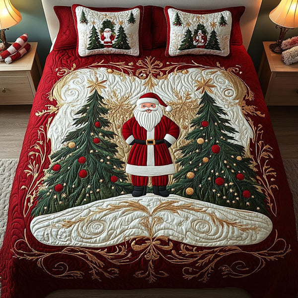 Santa Wonderland quilted 3-piece bedding set on a made bed in a winter-styled bedroom