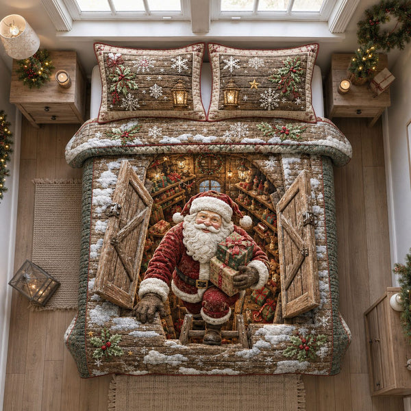 Santa Workshop Doorway quilted 3-piece bedding set on a made bed in a winter-styled bedroom